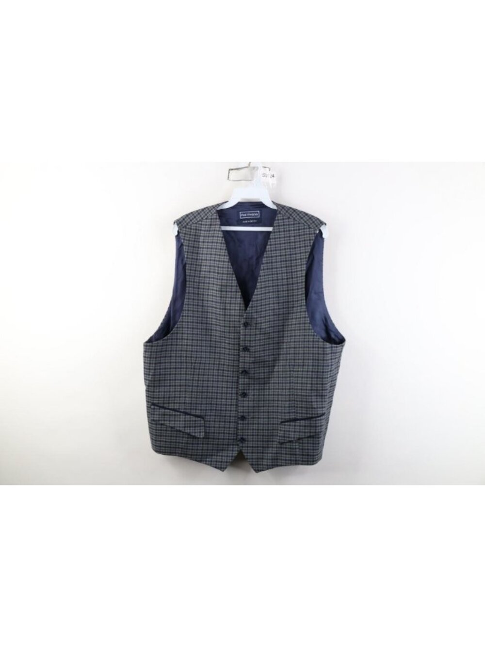 Paul Fredrick Mens Size 44 Wool Button Back Suit Vest Jacket Checkered Plaid